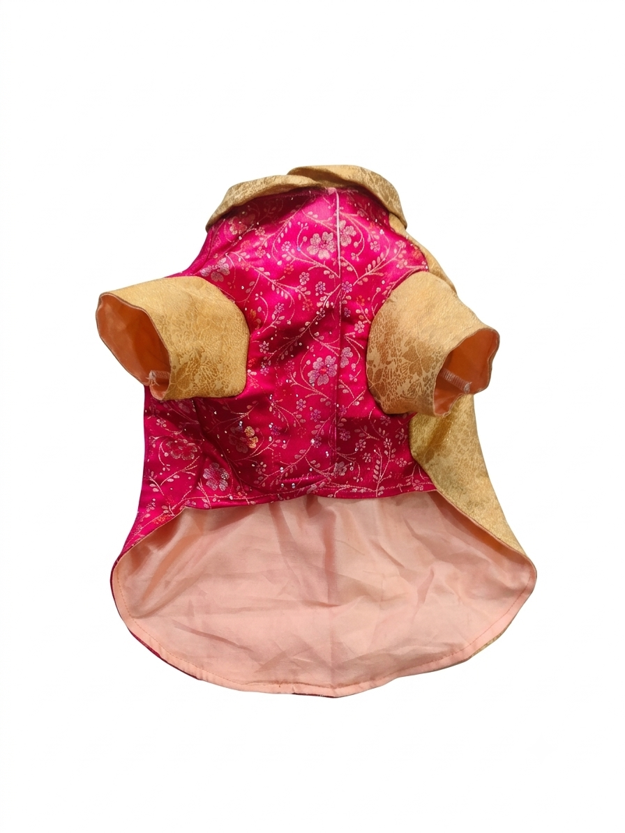 Dual-Tone Designer Dog Sherwani Vest – Gold & Floral Pink Brocade Festive Outfit
