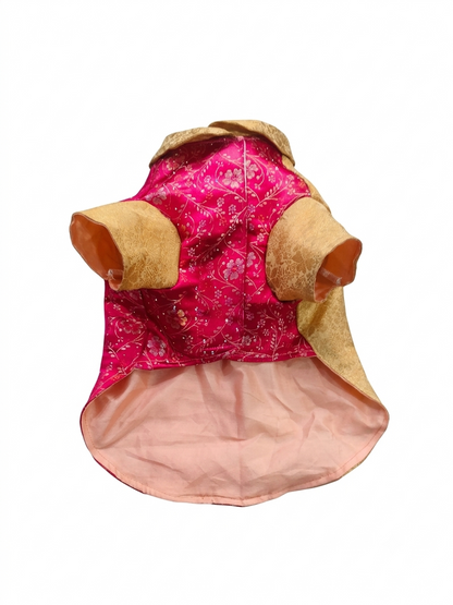 Dual-Tone Designer Dog Sherwani Vest – Gold & Floral Pink Brocade Festive Outfit