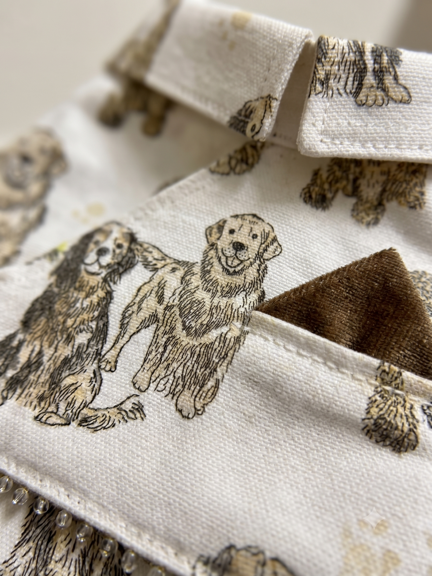 Cream Canvas Dog Vest with Dog Print | Designer Pet Tuxedo Vest with Pocket Square & Beaded Detail