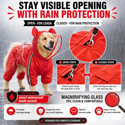 Bold Red Full-Body Dog Raincoat with Clear View Protective Hood