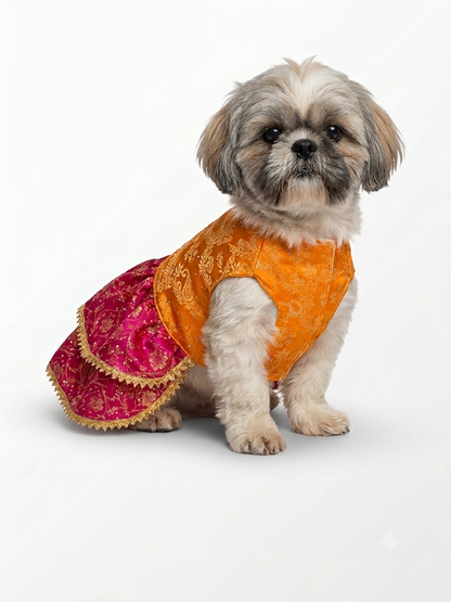 Festive Mustard & Magenta Brocade Ethnic Dog Frock | Traditional Pet Lehenga Dress