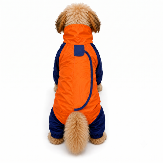 A small fluffy dog viewed from behind wearing a bright orange and navy blue hooded jacket, isolated on a white background.