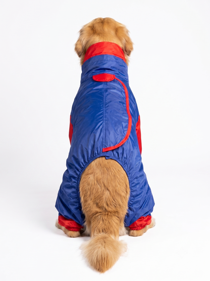 Waterproof Half-Sleeve Dog Raincoat with High Collar Hood – Full-Belly Rain Jacket for Medium to Large Dogs, Windproof Protective Dog Rain Suit with Adjustable Snaps, Blue & Red