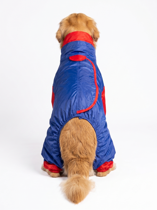 Waterproof Half-Sleeve Dog Raincoat with High Collar Hood – Full-Belly Rain Jacket for Medium to Large Dogs, Windproof Protective Dog Rain Suit with Adjustable Snaps, Blue & Red