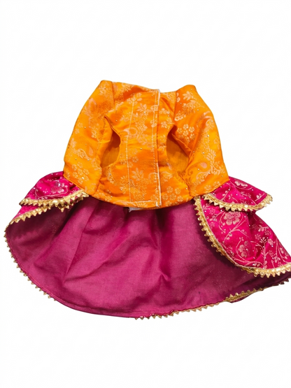 Festive Mustard & Magenta Brocade Ethnic Dog Frock | Traditional Pet Lehenga Dress