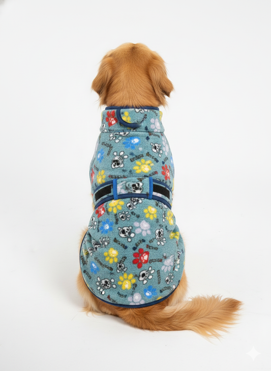 Warm Fleece Winter Dog Coat | Paw-Print Pattern