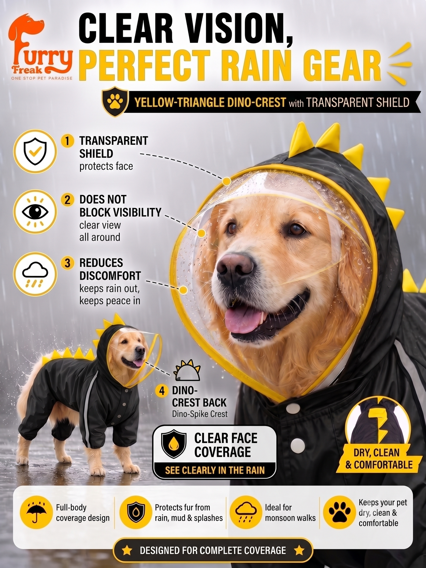 🦖 Yellow & Grey Full-Body Dino Dog Raincoat | 100% Waterproof Coverage