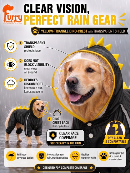 🦖 Yellow & Grey Full-Body Dino Dog Raincoat | 100% Waterproof Coverage