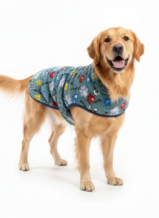Warm Fleece Winter Dog Coat | Paw-Print Pattern