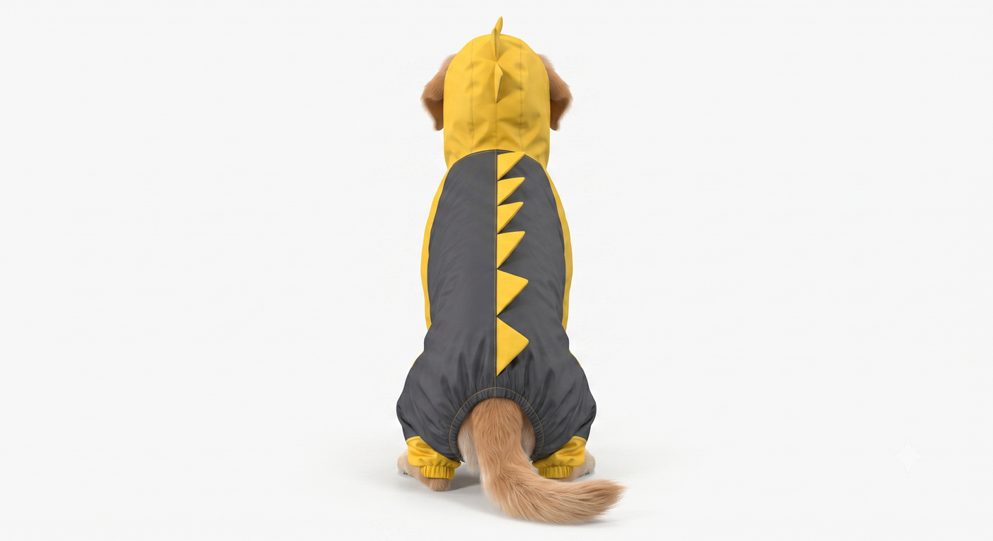 🦖 Yellow & Grey Full-Body Dino Dog Raincoat | 100% Waterproof Coverage