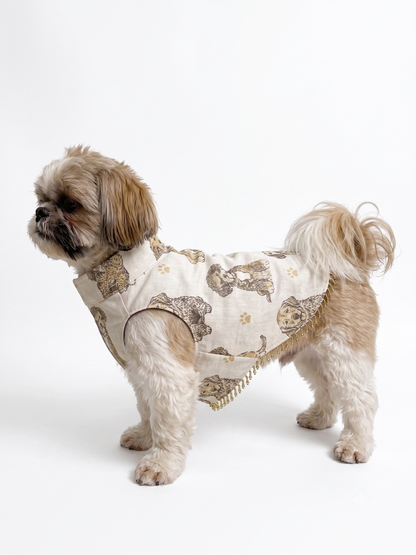 Cream Canvas Dog Vest with Dog Print | Designer Pet Tuxedo Vest with Pocket Square & Beaded Detail
