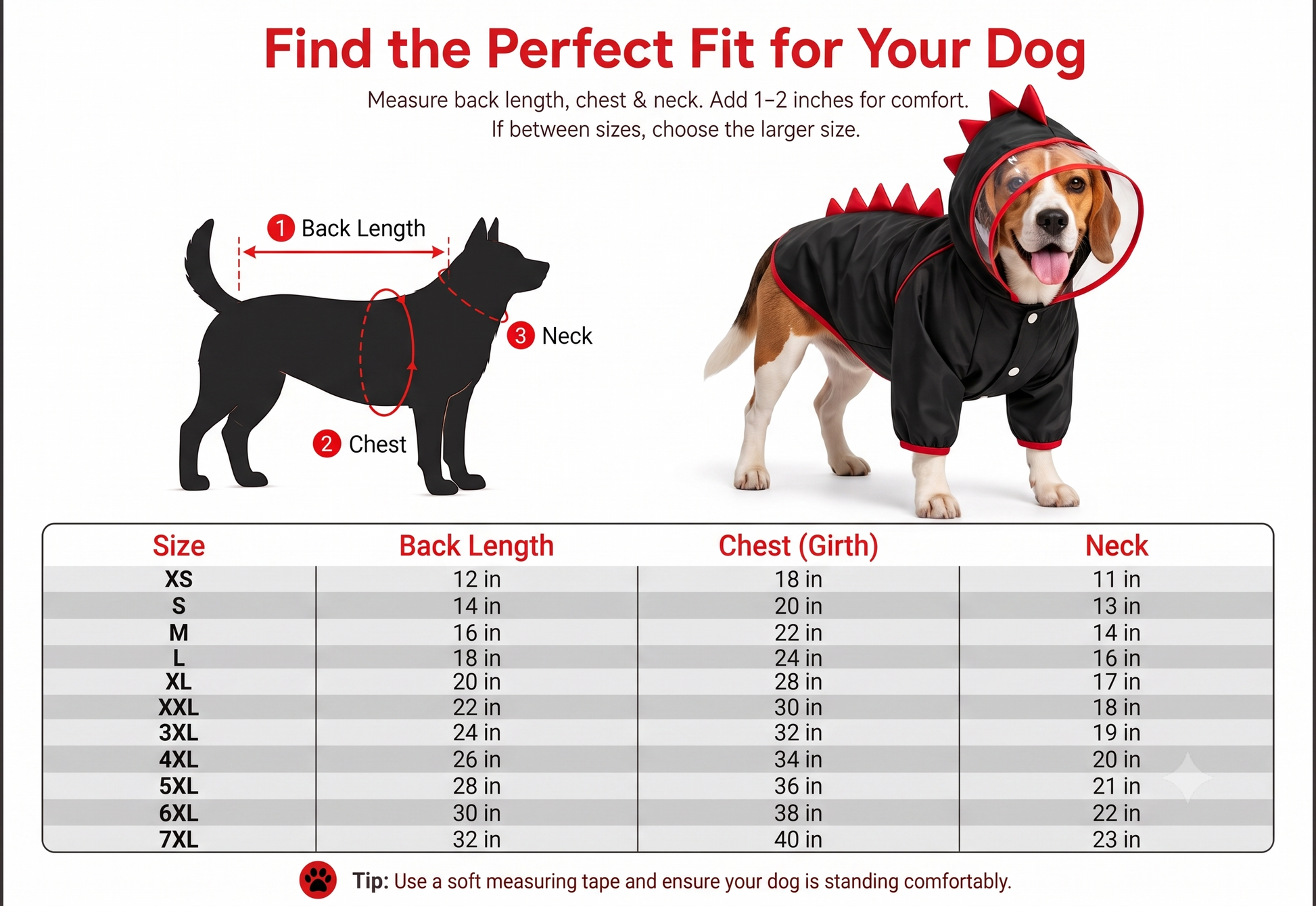 A sizing guide infographic for a dog costume, titled 'Find the Perfect Fit for Your Dog'. It features a black silhouette diagram showing back length and neck measurements, a photo of a beagle wearing the red and black costume, and a size chart table listing measurements for sizes XS through 7XL.