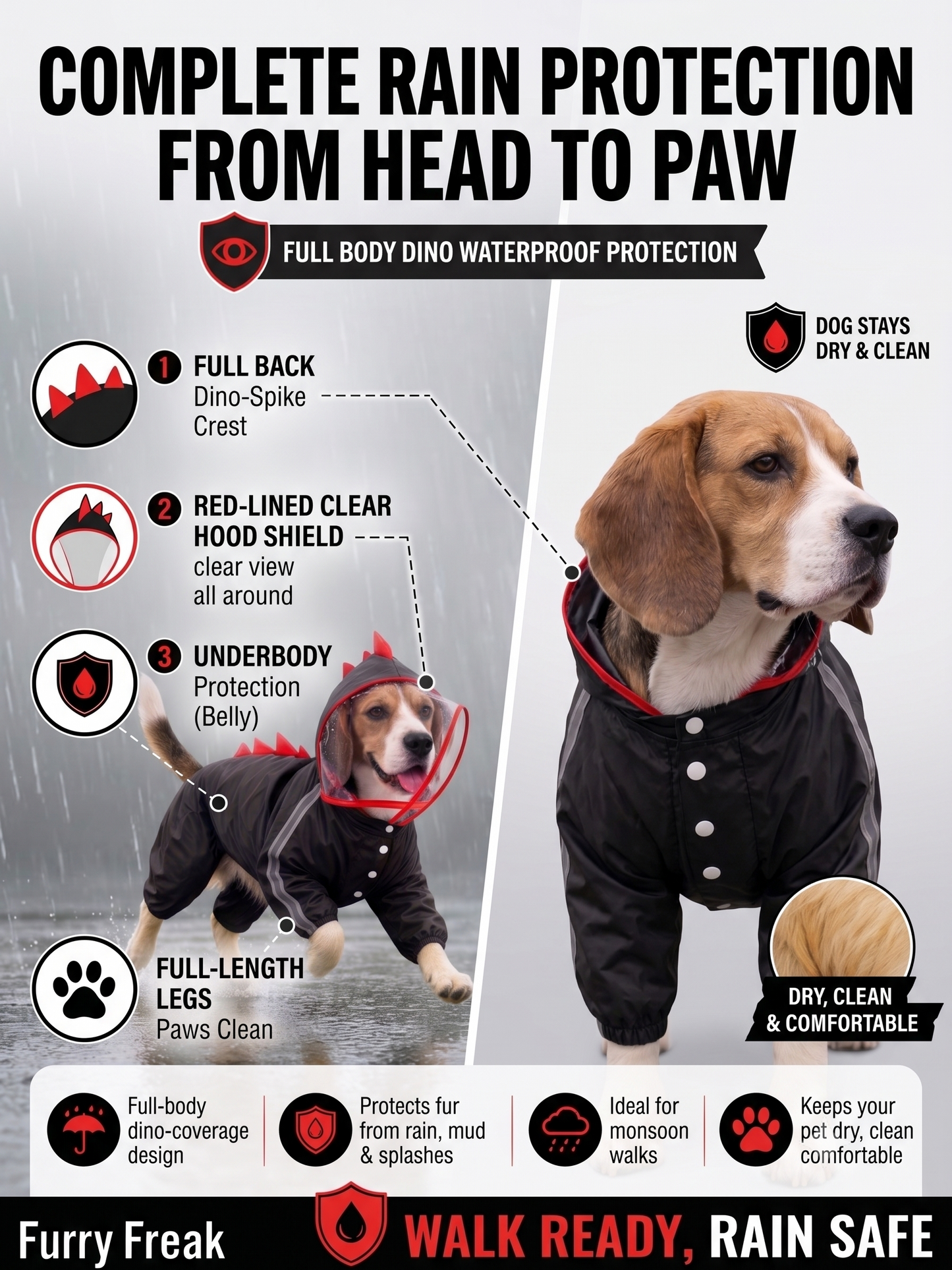 Full-Coverage Waterproof Dog Raincoat with Hood & Dinosaur Spikes | Breathable All-Weather Pet Rain Suit