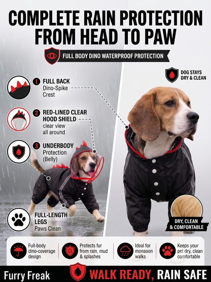 Full-Coverage Waterproof Dog Raincoat with Hood & Dinosaur Spikes | Breathable All-Weather Pet Rain Suit