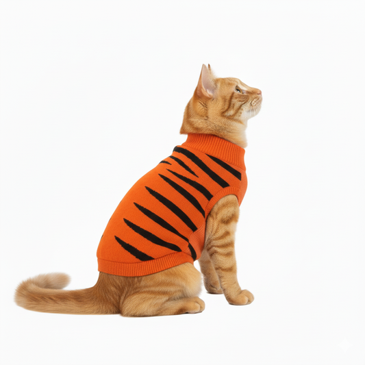Roaringly Cute! Tiger Stripe Cat Sweater - Orange & Black Knit for Feline Fun