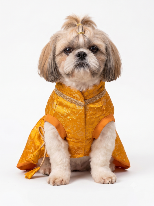 Furry Freak Royal Haldi Yellow Angrakha Brocade Pet Kurta