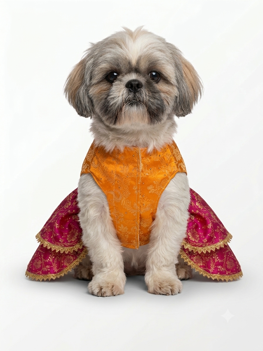 Festive Mustard & Magenta Brocade Ethnic Dog Frock | Traditional Pet Lehenga Dress