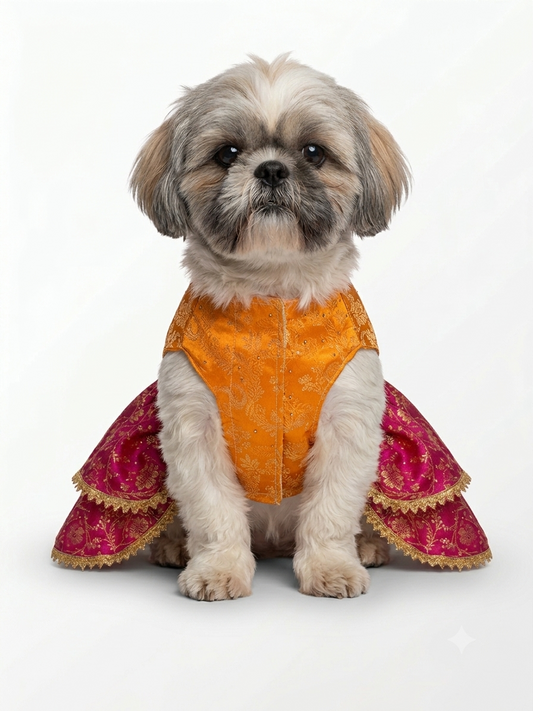 Festive Mustard & Magenta Brocade Ethnic Dog Frock | Traditional Pet Lehenga Dress