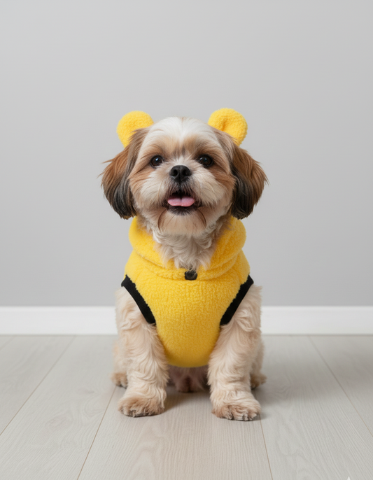 Small dog wearing a yellow hoodie with bear ears on a light gray background