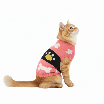 Cozy Paws Cat Winter Sweater - Adorable Pink Bone & Paw Print Knit for Your Feline Friend