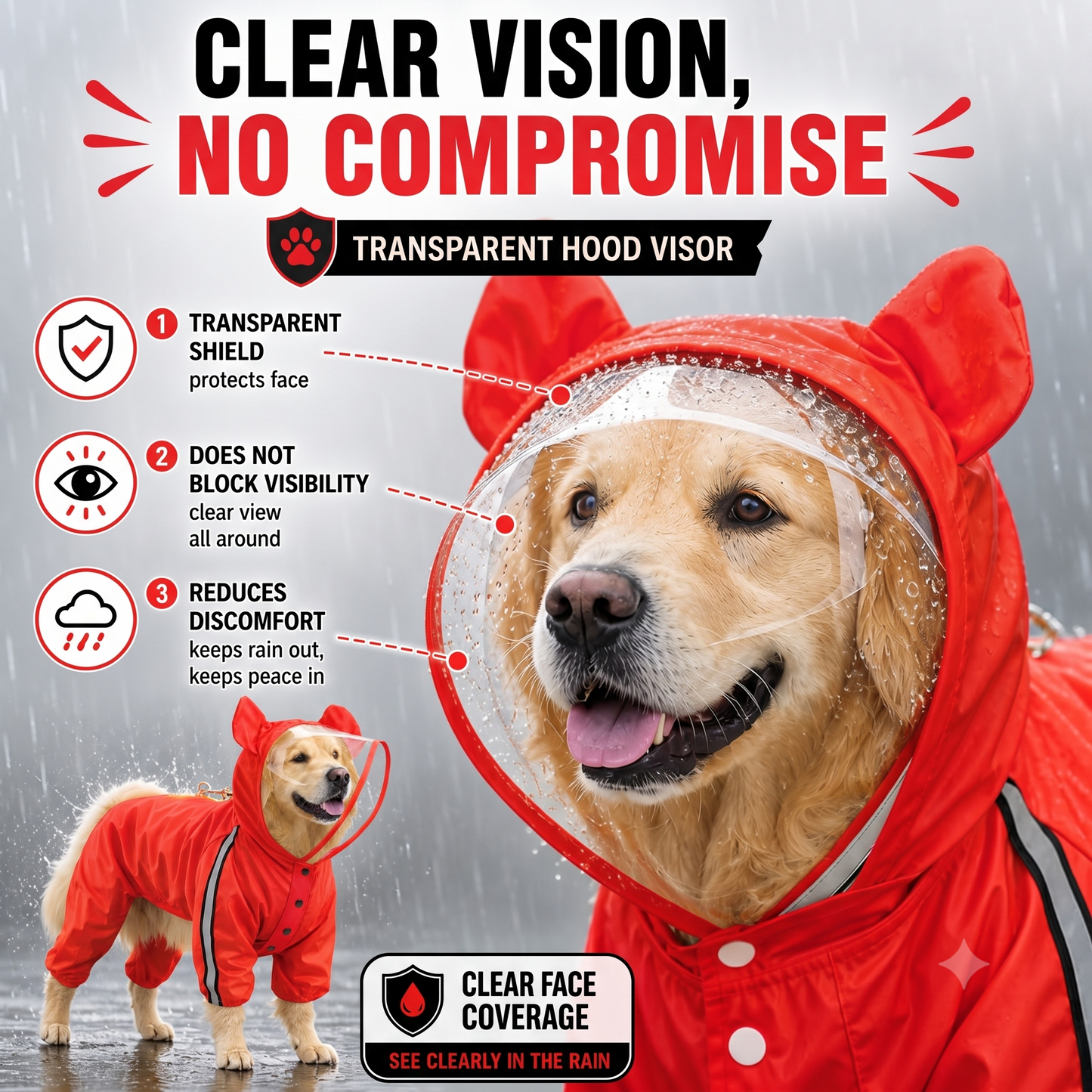 Bold Red Full-Body Dog Raincoat with Clear View Protective Hood