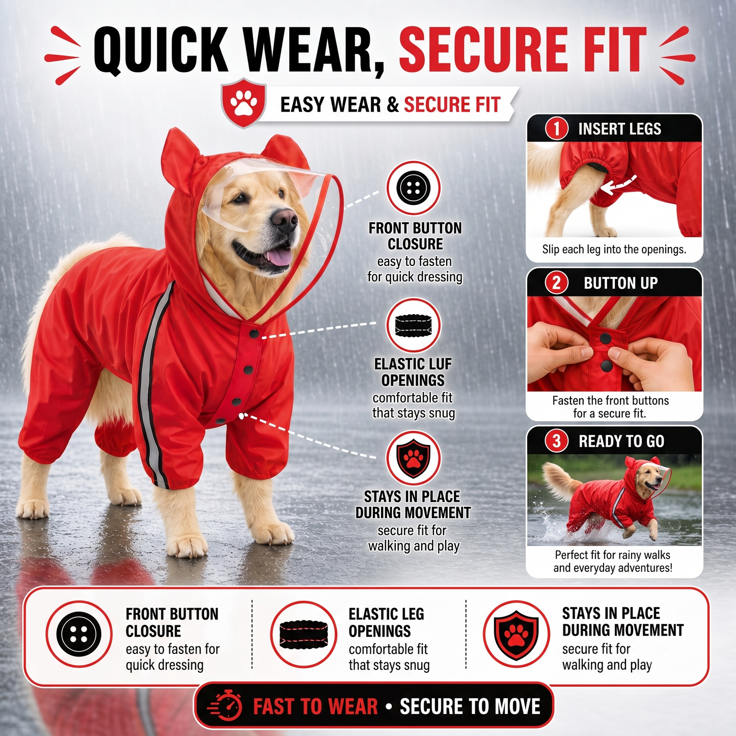 Bold Red Full-Body Dog Raincoat with Clear View Protective Hood