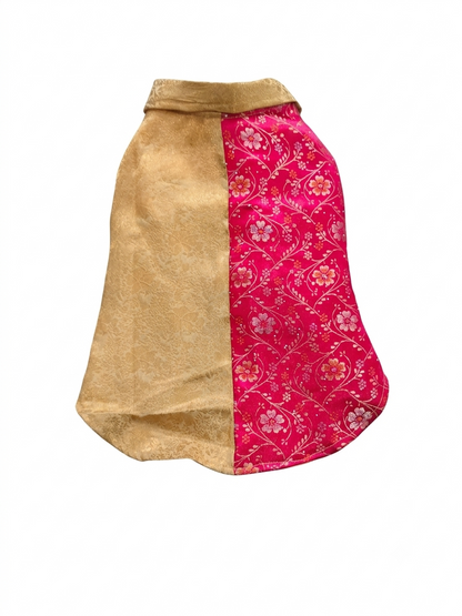 Dual-Tone Designer Dog Sherwani Vest – Gold & Floral Pink Brocade Festive Outfit