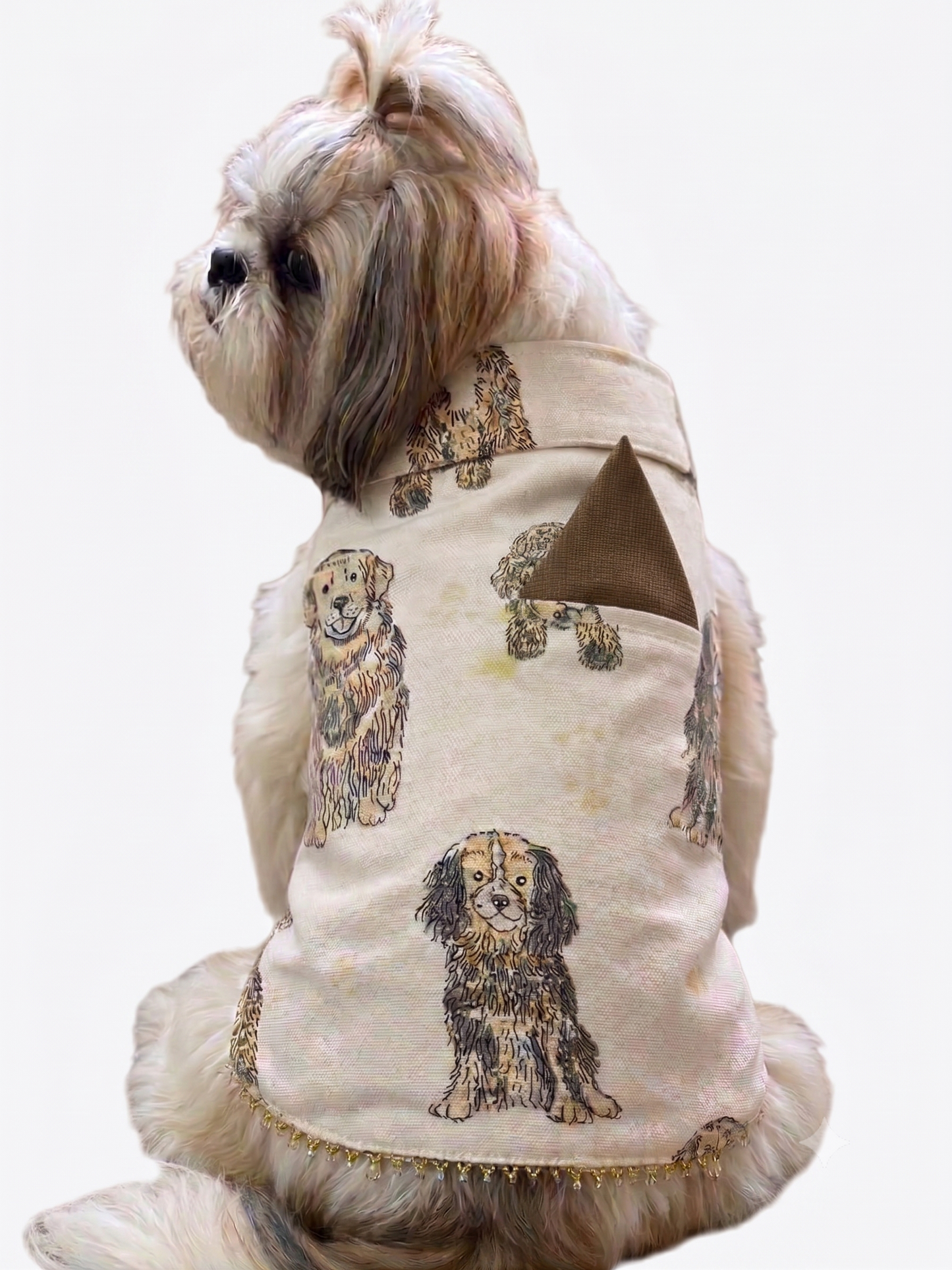 Cream Canvas Dog Vest with Dog Print | Designer Pet Tuxedo Vest with Pocket Square & Beaded Detail
