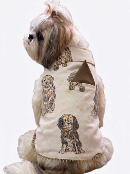 Cream Canvas Dog Vest with Dog Print | Designer Pet Tuxedo Vest with Pocket Square & Beaded Detail