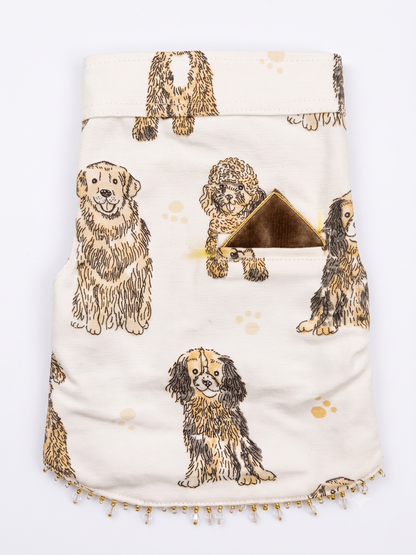 Cream Canvas Dog Vest with Dog Print | Designer Pet Tuxedo Vest with Pocket Square & Beaded Detail