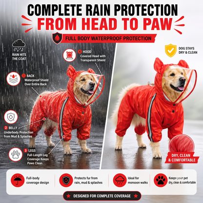 Bold Red Full-Body Dog Raincoat with Clear View Protective Hood