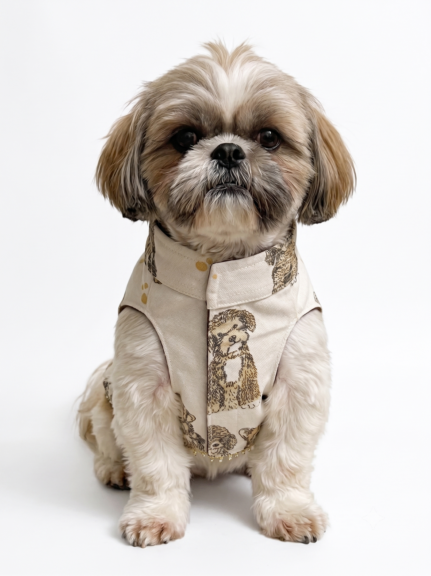 Cream Canvas Dog Vest with Dog Print | Designer Pet Tuxedo Vest with Pocket Square & Beaded Detail