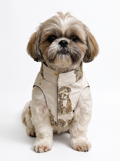 Cream Canvas Dog Vest with Dog Print | Designer Pet Tuxedo Vest with Pocket Square & Beaded Detail