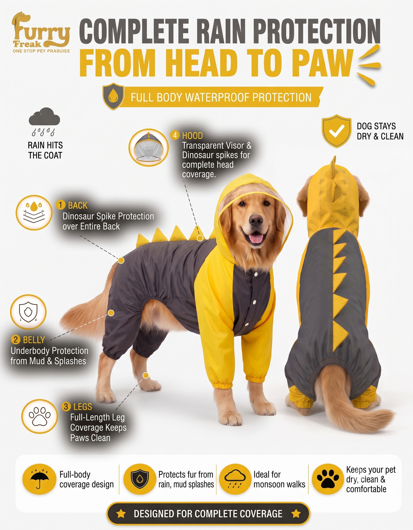 🦖 Yellow & Grey Full-Body Dino Dog Raincoat | 100% Waterproof Coverage