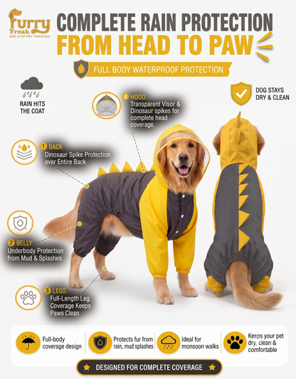 🦖 Yellow & Grey Full-Body Dino Dog Raincoat | 100% Waterproof Coverage