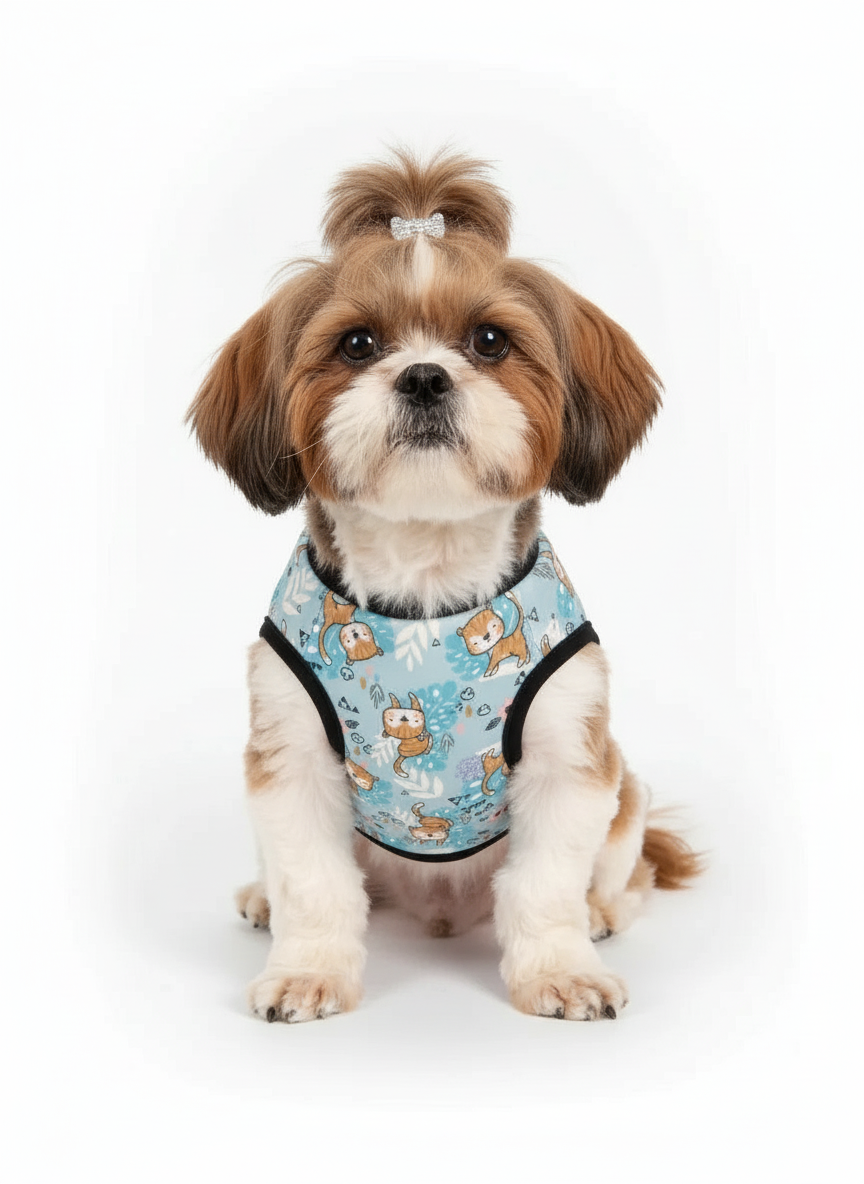Small dog wearing a blue patterned outfit on a white background