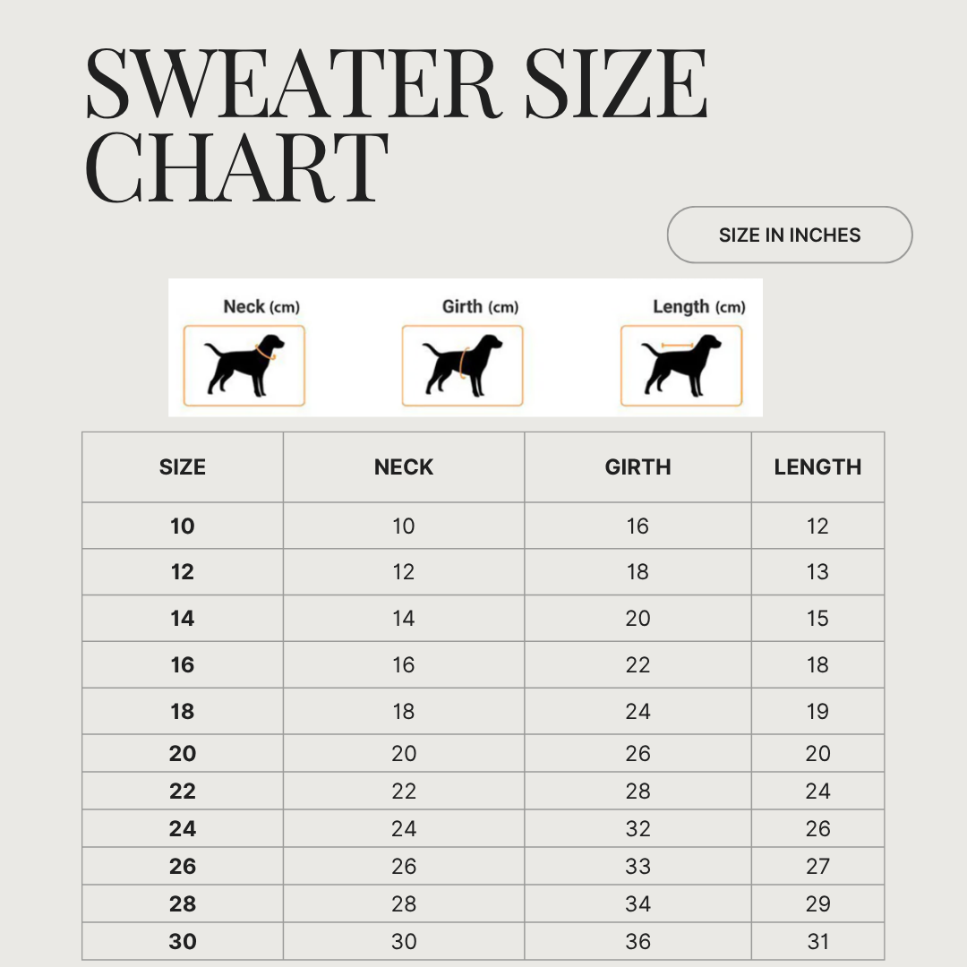 Dog sweater size chart with measurements in centimeters