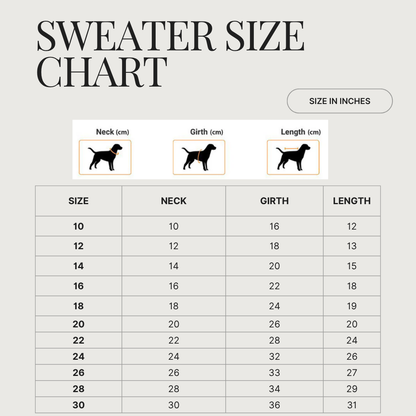 Dog sweater size chart with measurements in centimeters