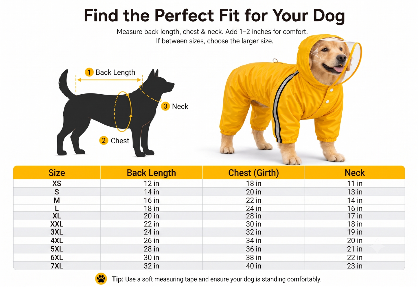 A sizing guide infographic for a dog hooded pet jacket, titled 'Find the Perfect Fit for Your Dog'. It features a black silhouette diagram on the left showing back length, chest, and neck measurements, a golden retriever wearing a yellow hooded jacket on the right, and a size chart table at the bottom with measurements for sizes XS through 7XL.