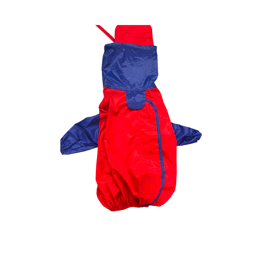 High-Neck Water-Resistant Dog Raincoat – Cobalt Blue & Scarlet Red Full-Body Jumpsuit