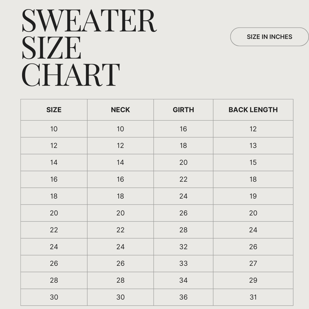 Sweater size chart with measurements in inches